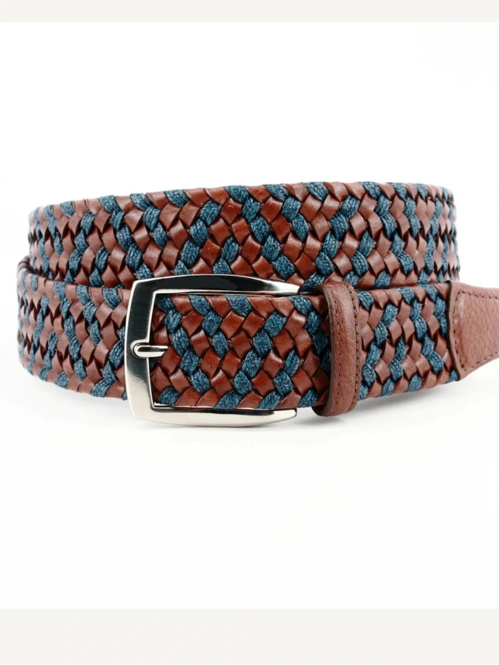 Italian Braided Leather & Linen Belt in Cognac/Navy by Torino Leather Co. Sz 34
